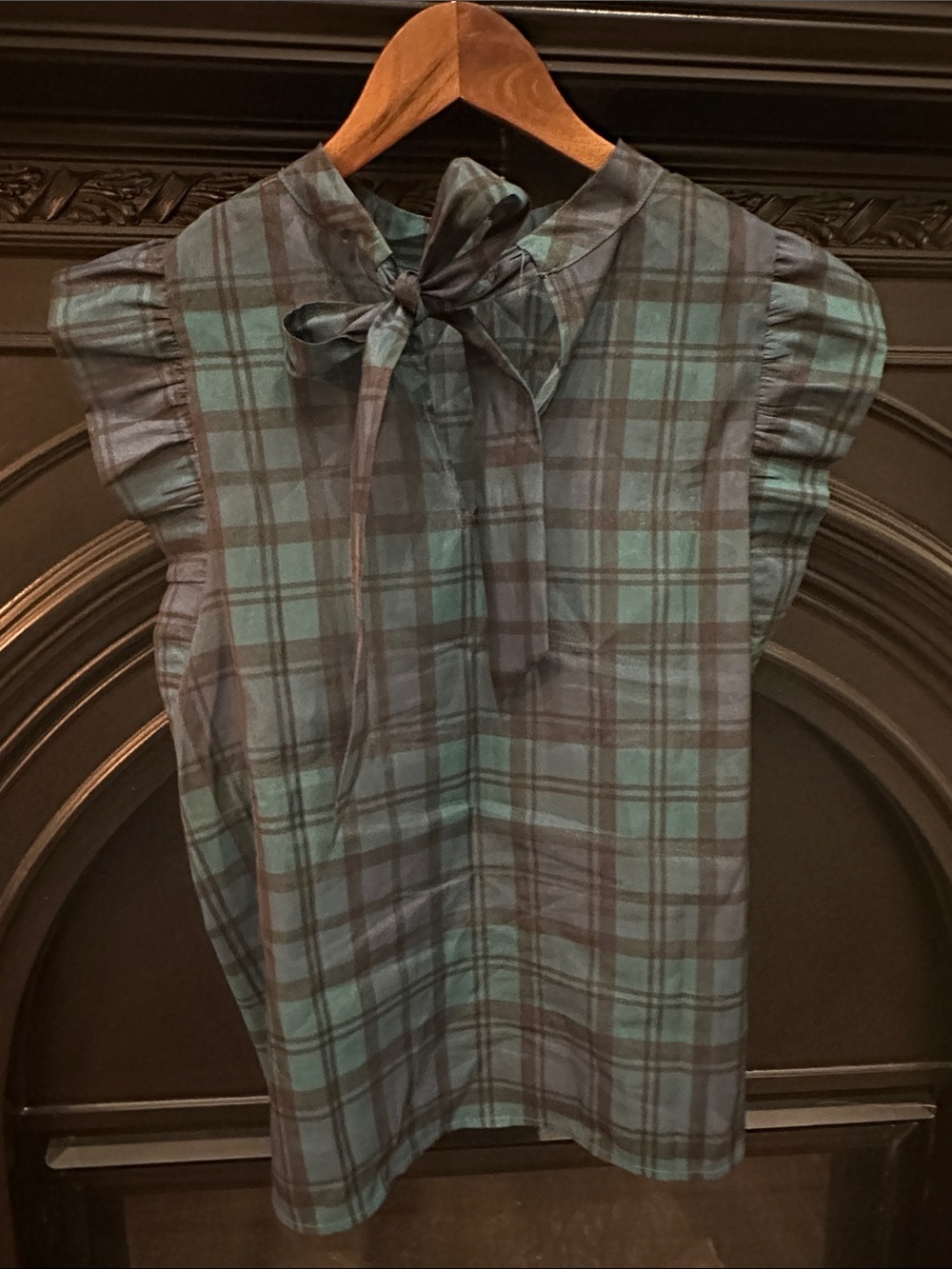 LOFT Sheer Plaid Blouse with Ruffle Sleeves and Tied Bow at Back Neckline